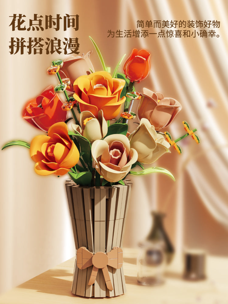 Block Flower Rose Model Small Parts Assembly Desktop Ornaments Building Block Set Toy Kids Girl Gift 13066