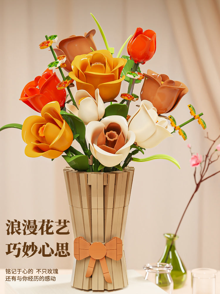 Block Flower Rose Model Small Parts Assembly Desktop Ornaments Building Block Set Toy Kids Girl Gift 13066