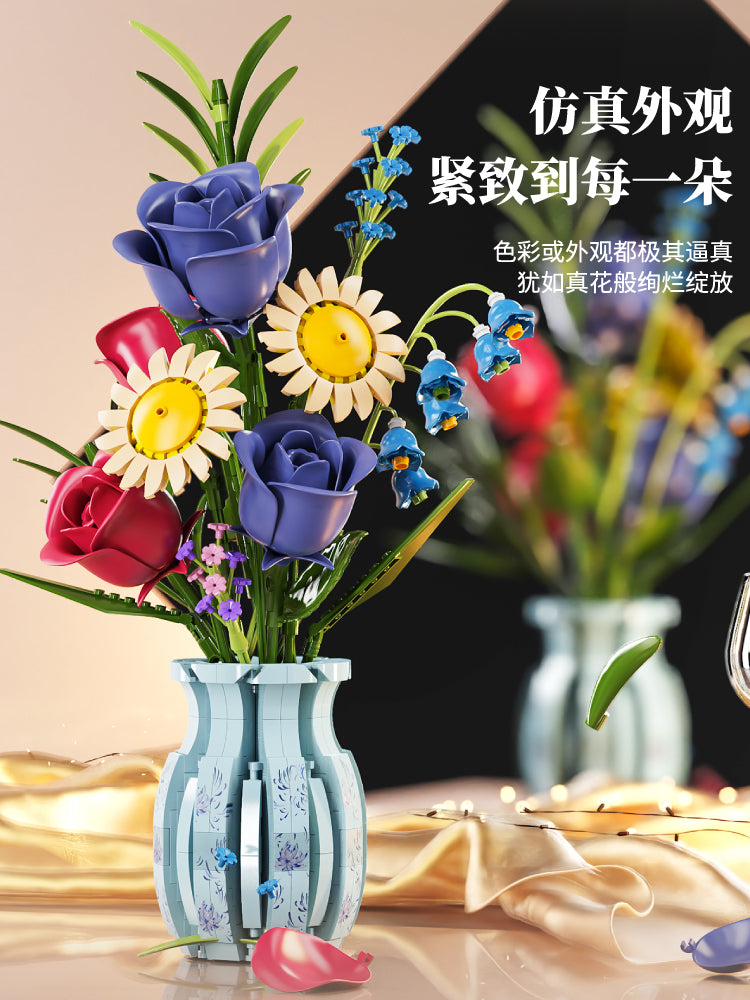 Creative MOC Bouquet Vase Block Flower Model Assembly Girl Toys Desktop Ornaments Building Blocks Set Toys Juguetes 13067