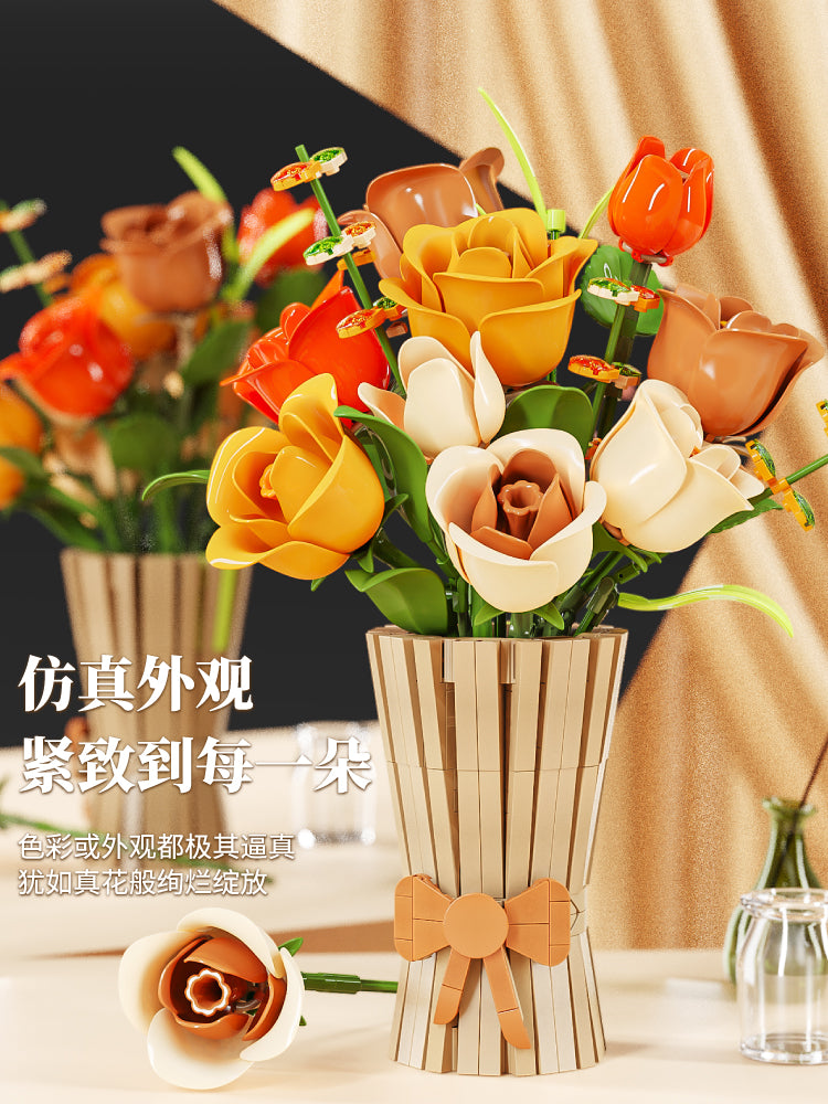 Block Flower Rose Model Small Parts Assembly Desktop Ornaments Building Block Set Toy Kids Girl Gift 13066